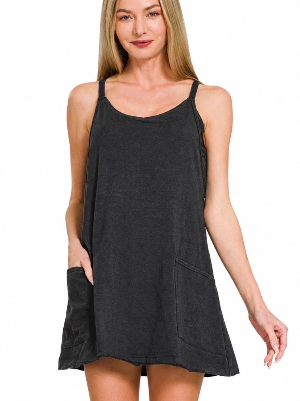 Zenana Black Romper Dress Built In Shorts Adjustable Straps Mini Dress Medium